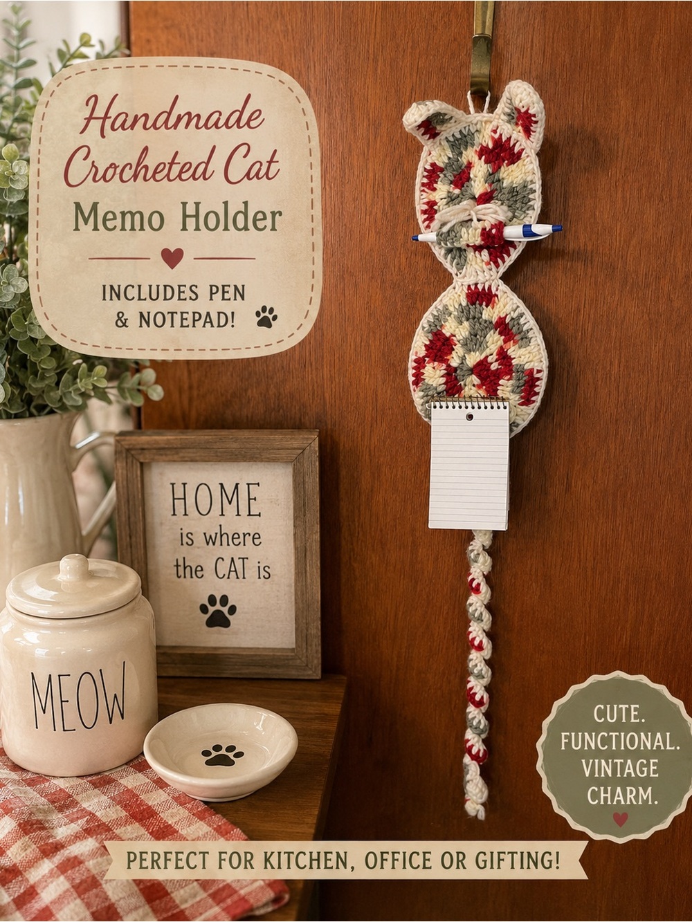 Hand Crafted Crocheted Cat Memo Holder - Red, Cream, Gray